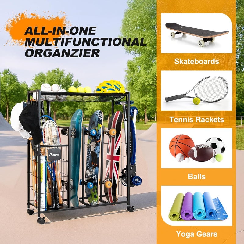 PLKOW Skateboard Storage Rack with Wheels, Sports Organizer for Skateboards, Scooters, Balls, Helmets and Sports Gear, Heavy Duty Sports Storage Rack for Garage, Home or School Use - Image 4